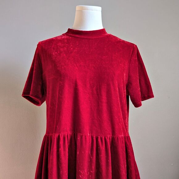 Vintage 90s Ashley Le Mieux Red Crushed Velvet Babydoll Dress Mock Neck Size L - Picture 4 of 8